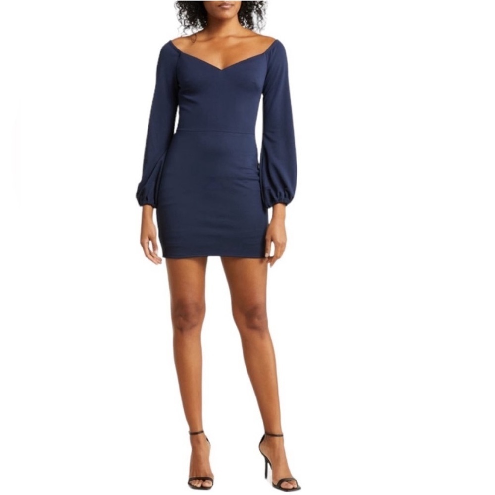 Dress the Population Blue Esperanza Long Puff Sleeve Mini Cocktail Dress